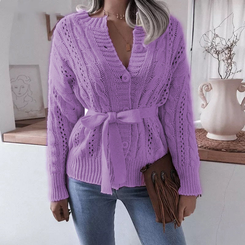 Damer cardigan med tvättad kabelmönster och midjeband Mirla-Eva Jonsson