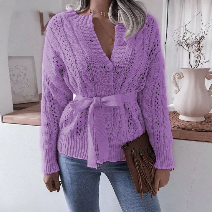 Damer cardigan med tvättad kabelmönster och midjeband Mirla-Eva Jonsson