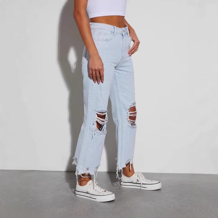 Damer casual boyfriend jeans med iögonfallande förstörda detaljer och bred ben Mirla-Eva Jonsson