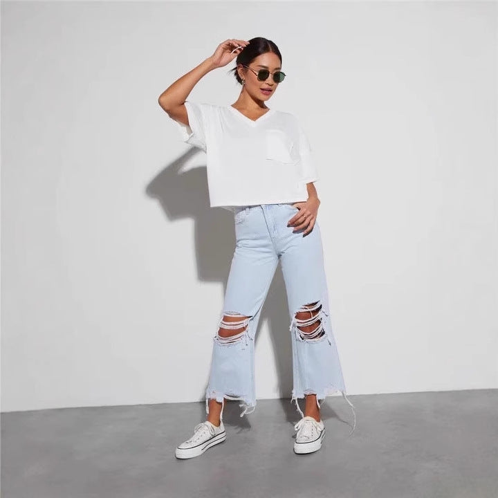 Damer casual boyfriend jeans med iögonfallande förstörda detaljer och bred ben Mirla-Eva Jonsson