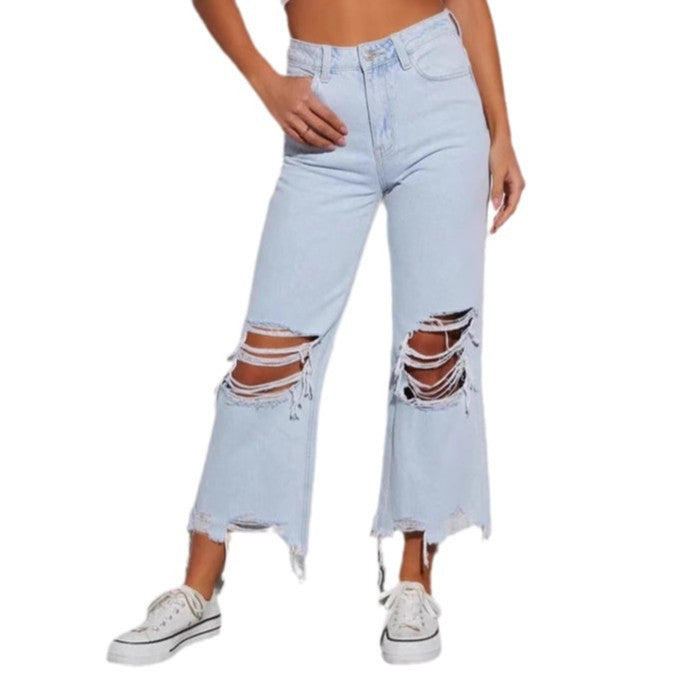 Damer casual boyfriend jeans med iögonfallande förstörda detaljer och bred ben Mirla-Eva Jonsson