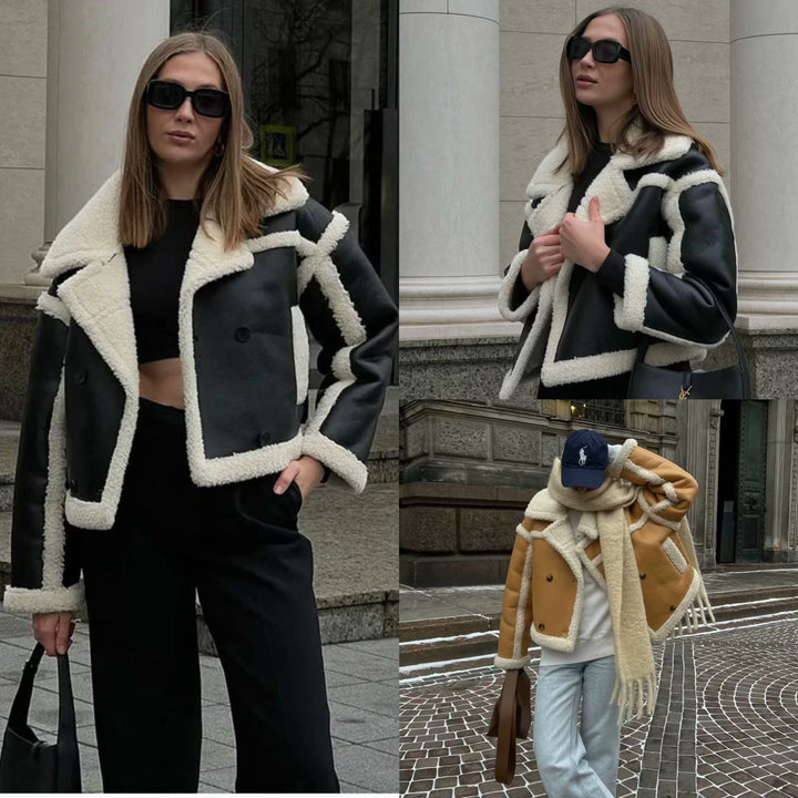 Damer casual konstläderjacka med teddykrage och dubbla knappar Mirla-Eva Jonsson