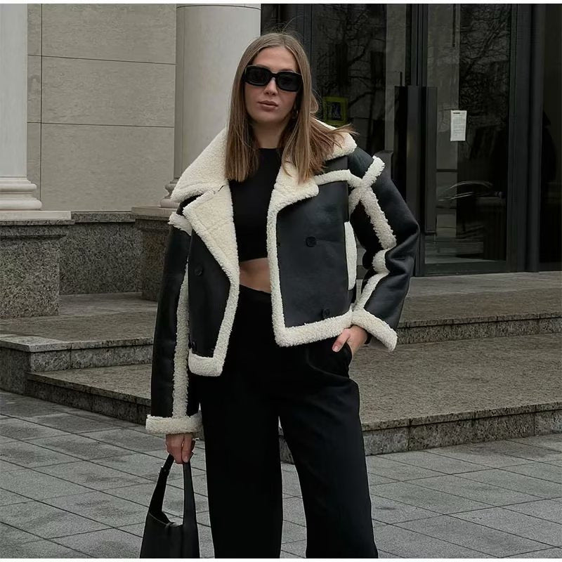 Damer casual konstläderjacka med teddykrage och dubbla knappar Mirla-Eva Jonsson