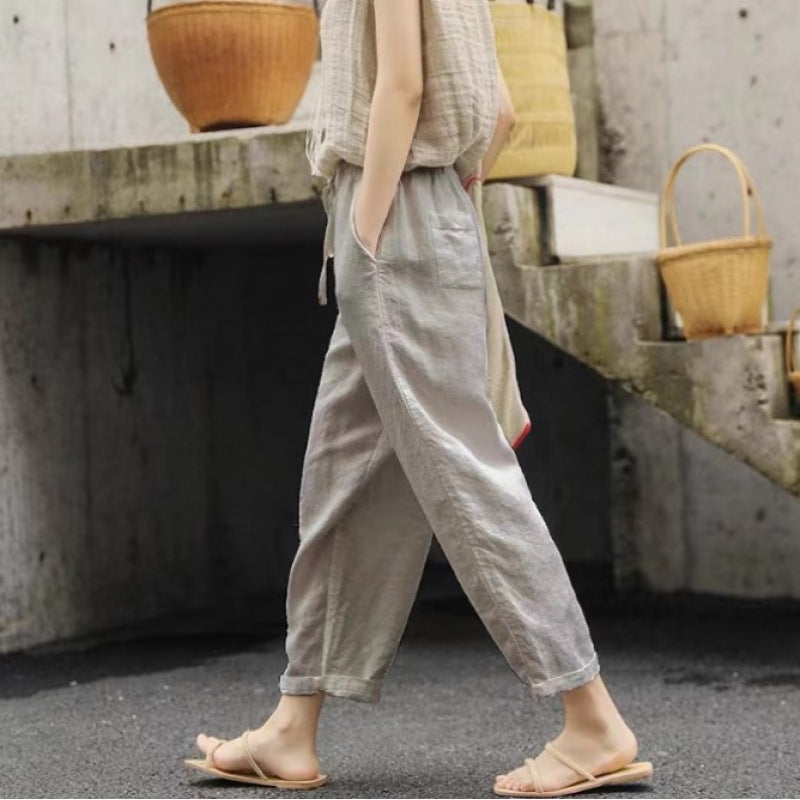 Damer casual linnebyxa med elastisk midja och sidofickor Eva Jonsson-Eva Jonsson