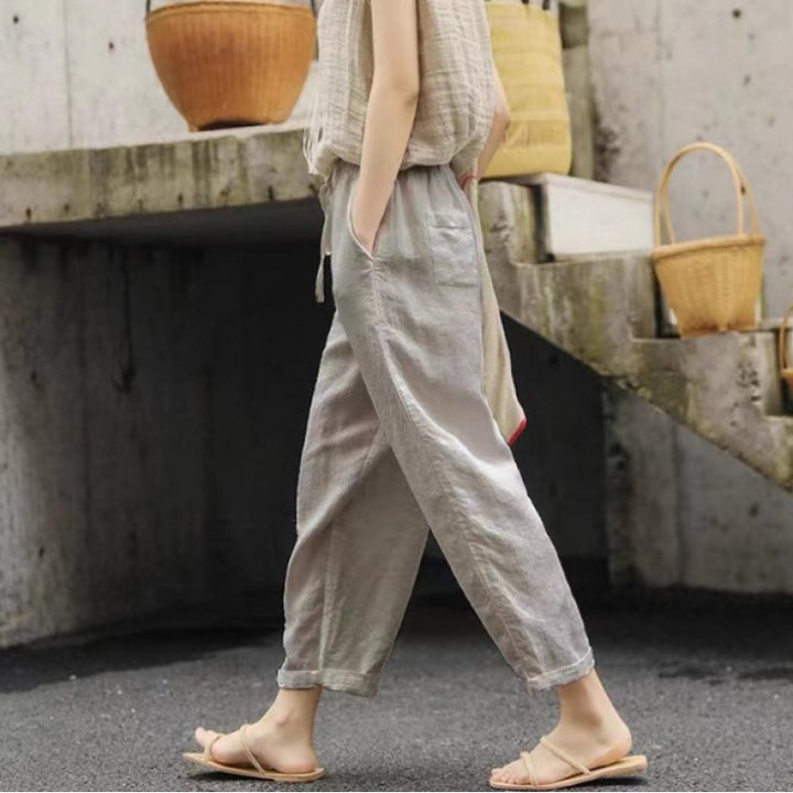 Damer casual linnebyxa med elastisk midja och sidofickor Eva Jonsson-Eva Jonsson