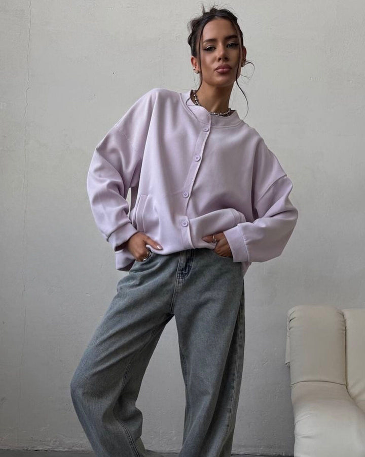 Damer casual oversized sweatshirtjacka med praktiska fickor och knapprad Mirla-Eva Jonsson