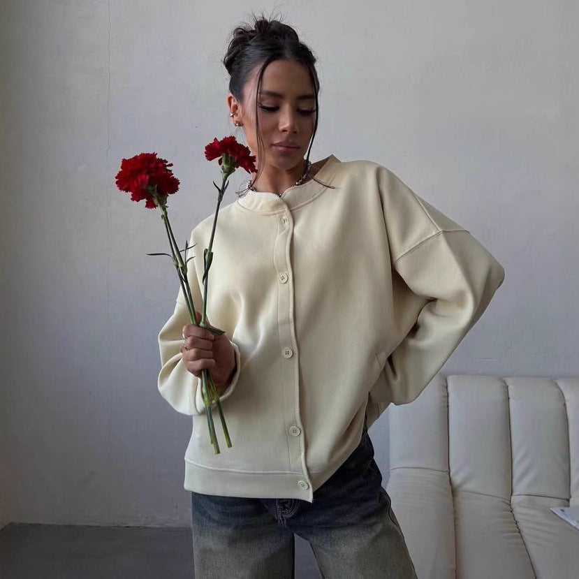 Damer casual oversized sweatshirtjacka med praktiska fickor och knapprad Mirla-Eva Jonsson
