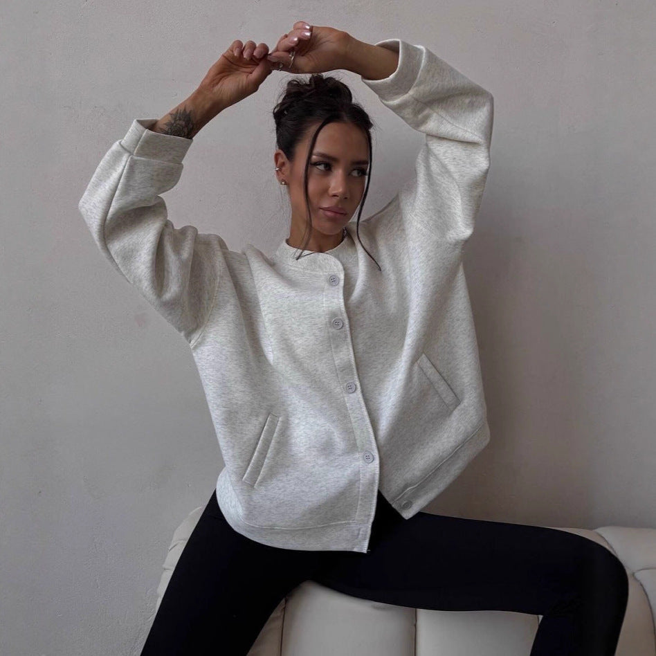 Damer casual oversized sweatshirtjacka med praktiska fickor och knapprad Mirla-Eva Jonsson