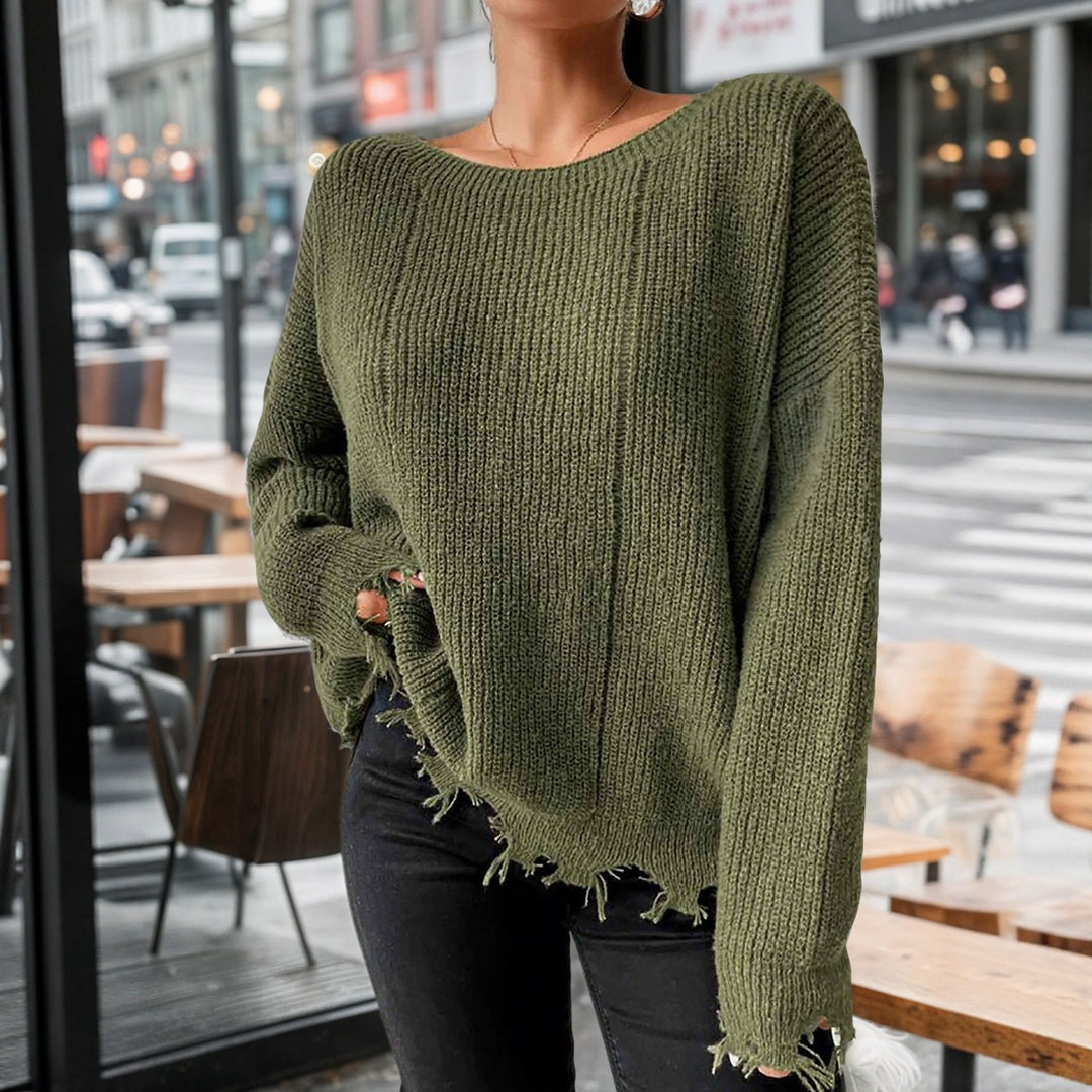 Damer casual oversized tröja med fransiga avslut och djup rund halsringning Mirla-Eva Jonsson