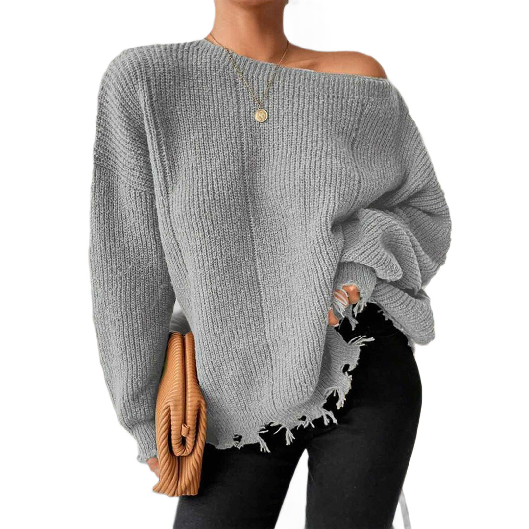 Damer casual oversized tröja med fransiga avslut och djup rund halsringning Mirla-Eva Jonsson