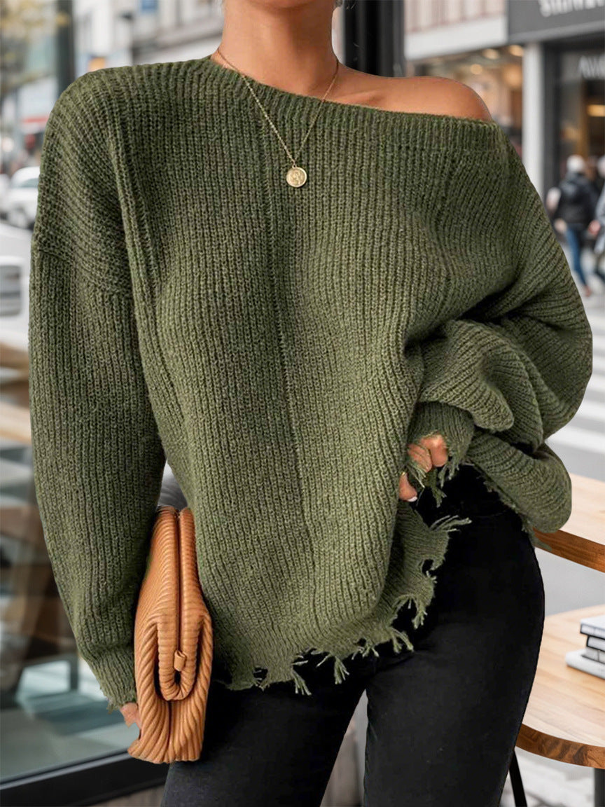 Damer casual oversized tröja med fransiga avslut och djup rund halsringning Mirla-Eva Jonsson