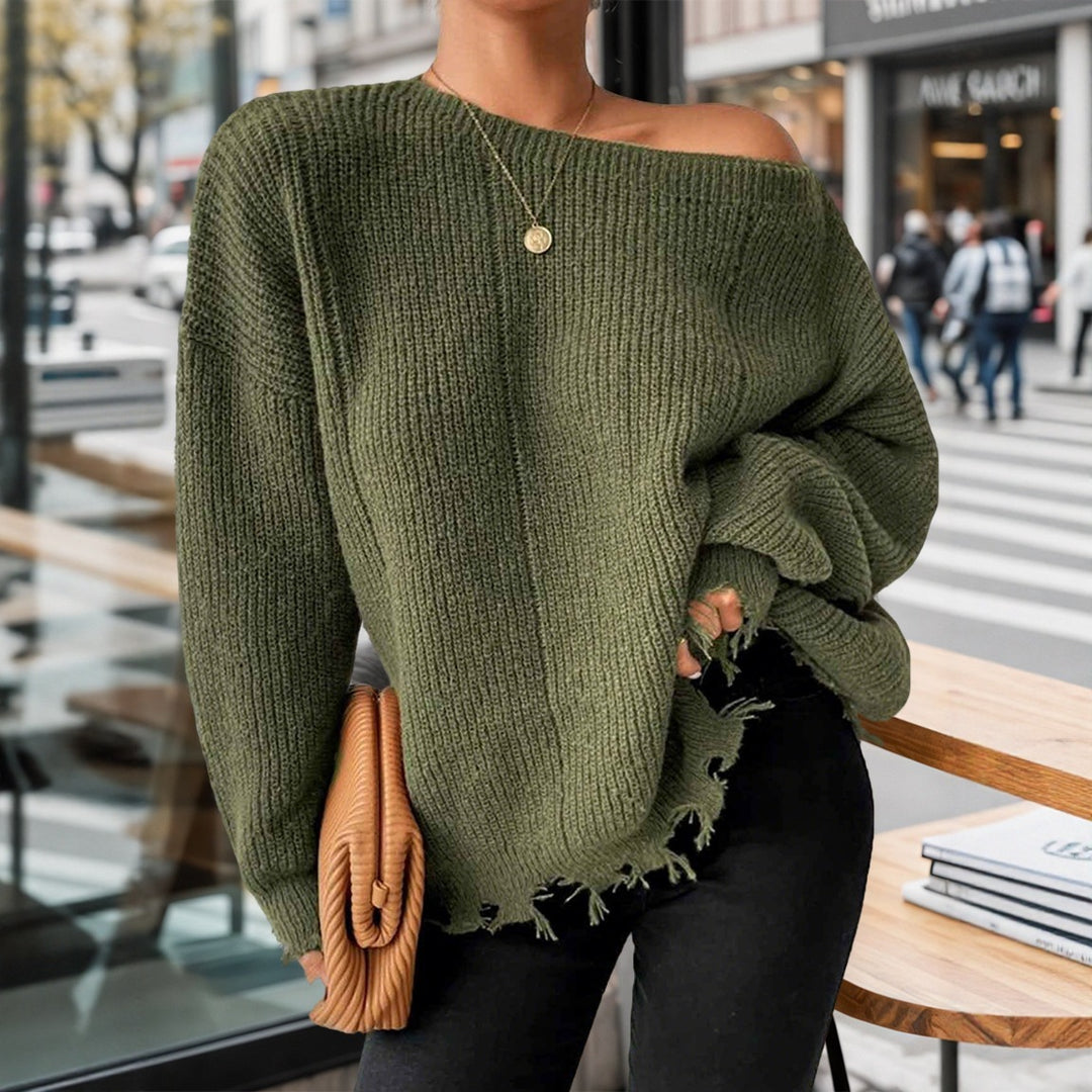 Damer casual oversized tröja med fransiga avslut och djup rund halsringning Mirla-Eva Jonsson