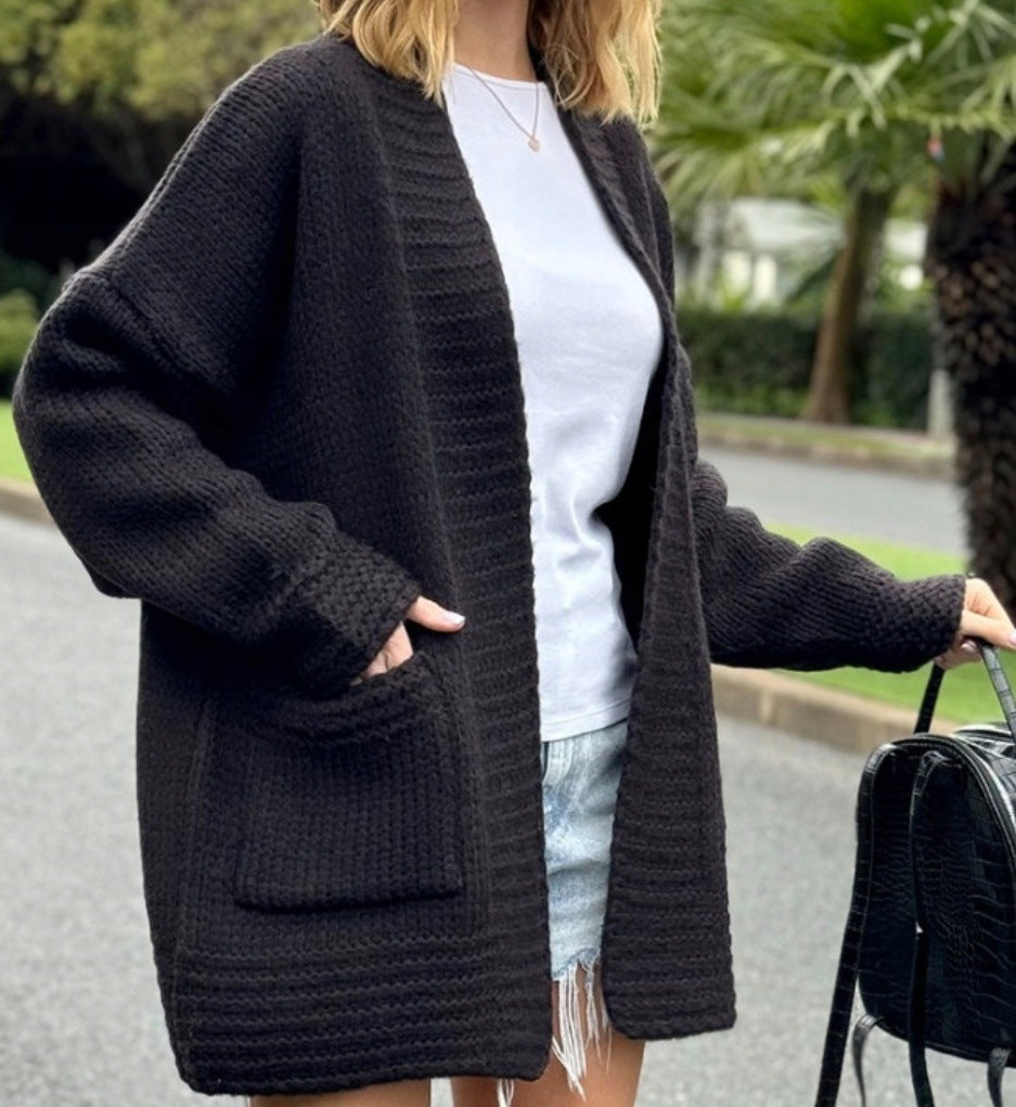 Damer casual stickad cardigan med praktiska fickor och öppen design Eva Jonsson-Eva Jonsson