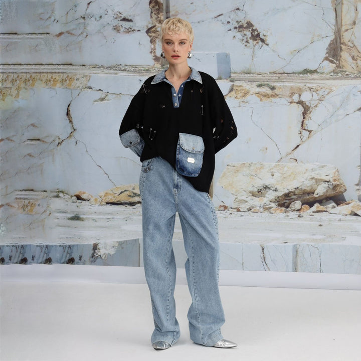 Damer casual stickad tröja med denimdetaljer och praktiska fickor Mirla-Eva Jonsson