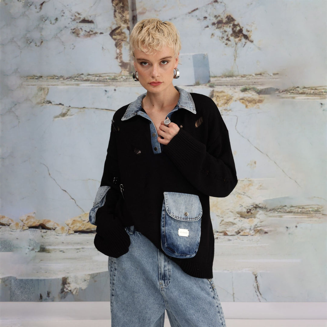 Damer casual stickad tröja med denimdetaljer och praktiska fickor Mirla-Eva Jonsson