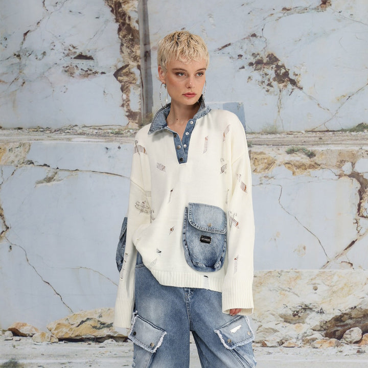 Damer casual stickad tröja med denimdetaljer och praktiska fickor Mirla-Eva Jonsson