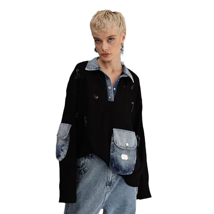 Damer casual stickad tröja med denimdetaljer och praktiska fickor Mirla-Eva Jonsson