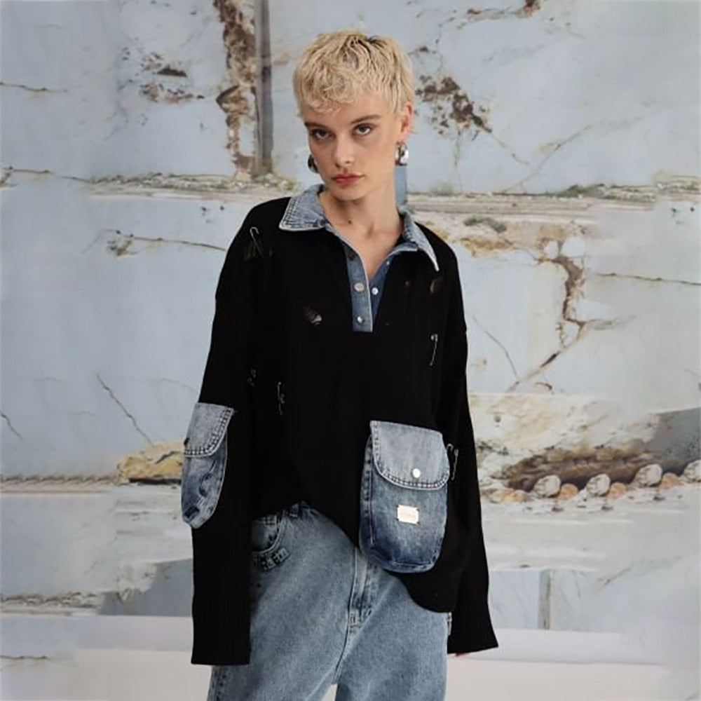 Damer casual stickad tröja med denimdetaljer och praktiska fickor Mirla-Eva Jonsson