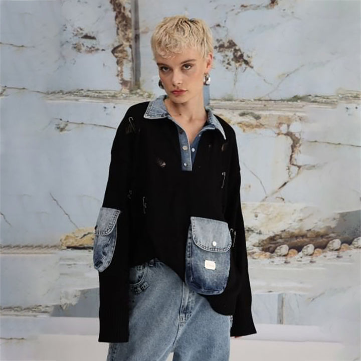 Damer casual stickad tröja med denimdetaljer och praktiska fickor Mirla-Eva Jonsson