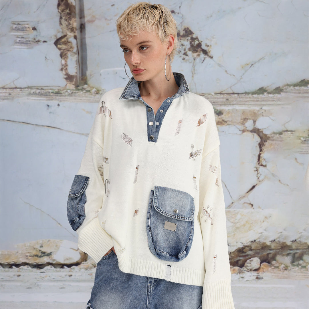 Damer casual stickad tröja med denimdetaljer och praktiska fickor Mirla-Eva Jonsson