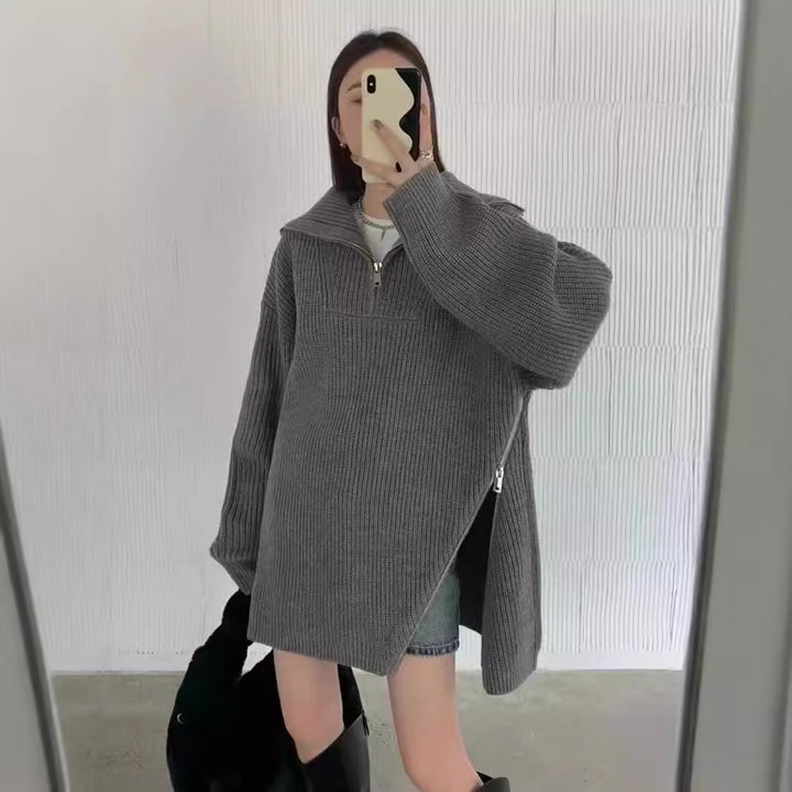Damer casual stickad tröja med hög krage och sidodragkedja Mirla-Eva Jonsson