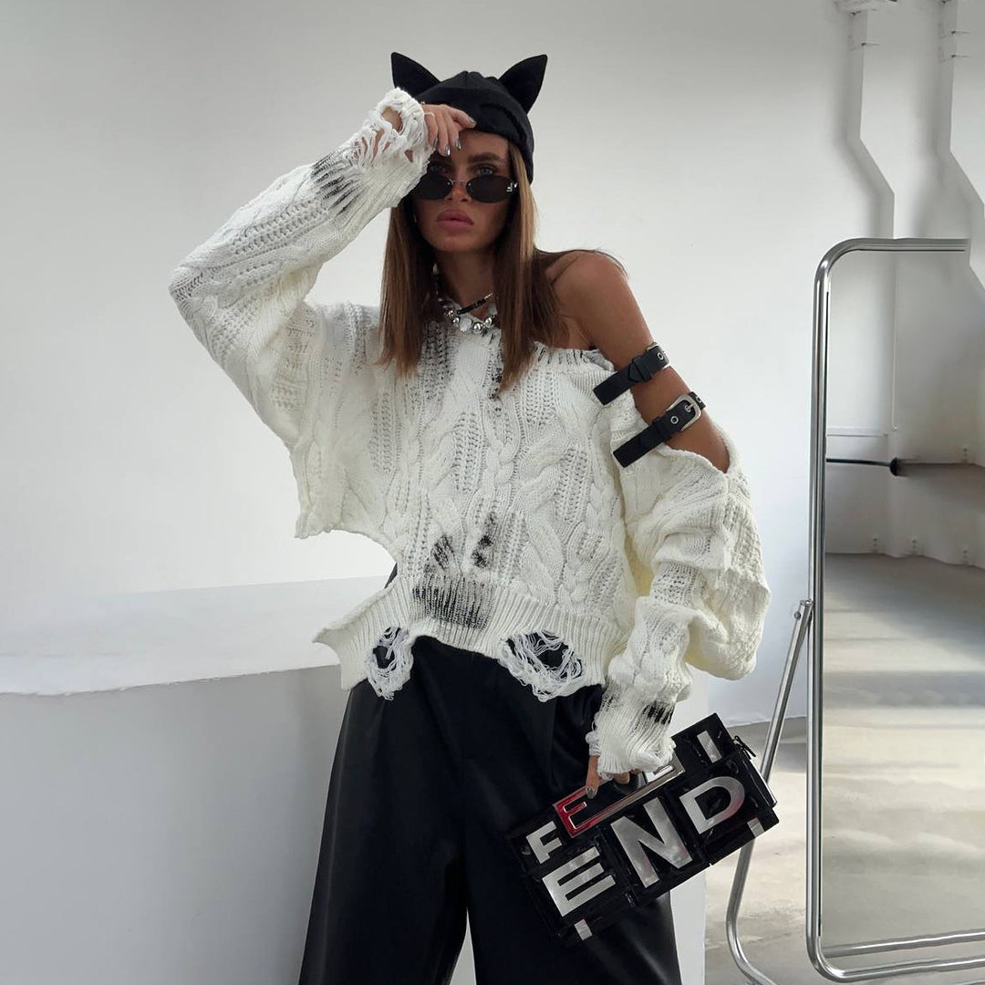 Damer casual stickad tröja med unikt off-shoulder-design och kreativa detaljer Mirla-Eva Jonsson