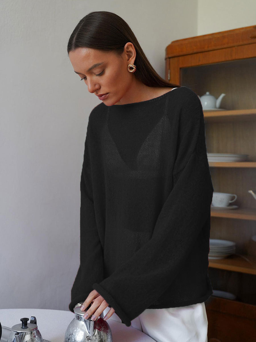 Damer casual tröja med vida ärmar och fin hålstickad design Mirla-Eva Jonsson