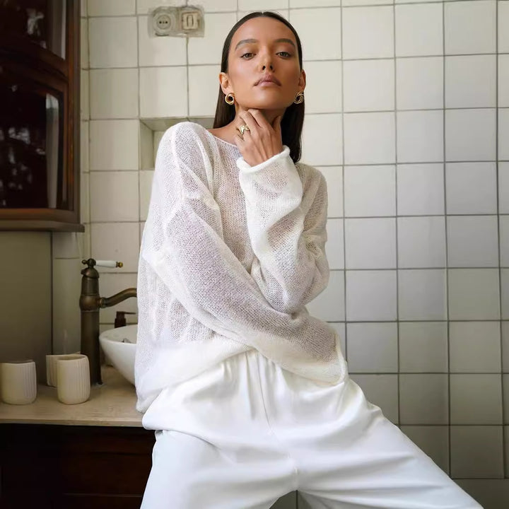 Damer casual tröja med vida ärmar och fin hålstickad design Mirla-Eva Jonsson
