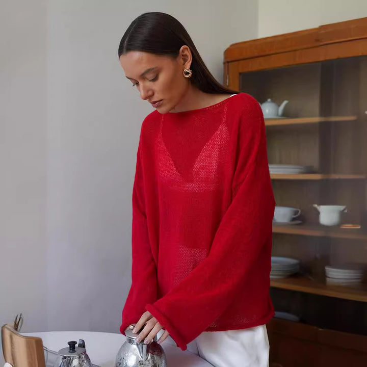 Damer casual tröja med vida ärmar och fin hålstickad design Mirla-Eva Jonsson