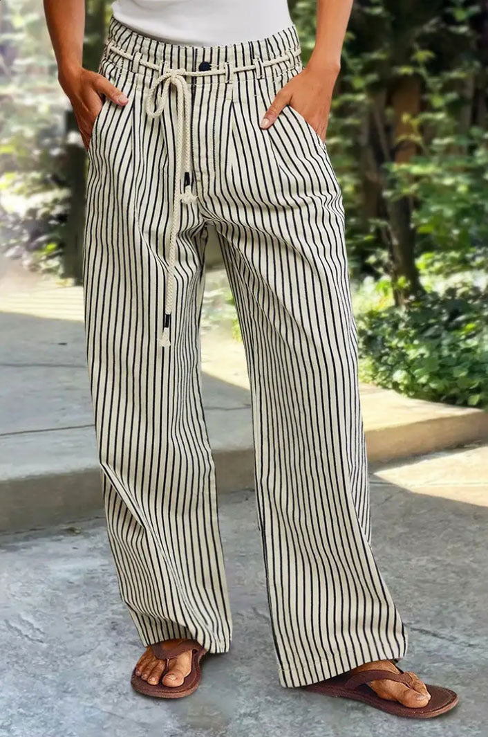 Damer casual vida byxor i randig design med elastisk midja och knytbälte Eva Jonsson-Eva Jonsson