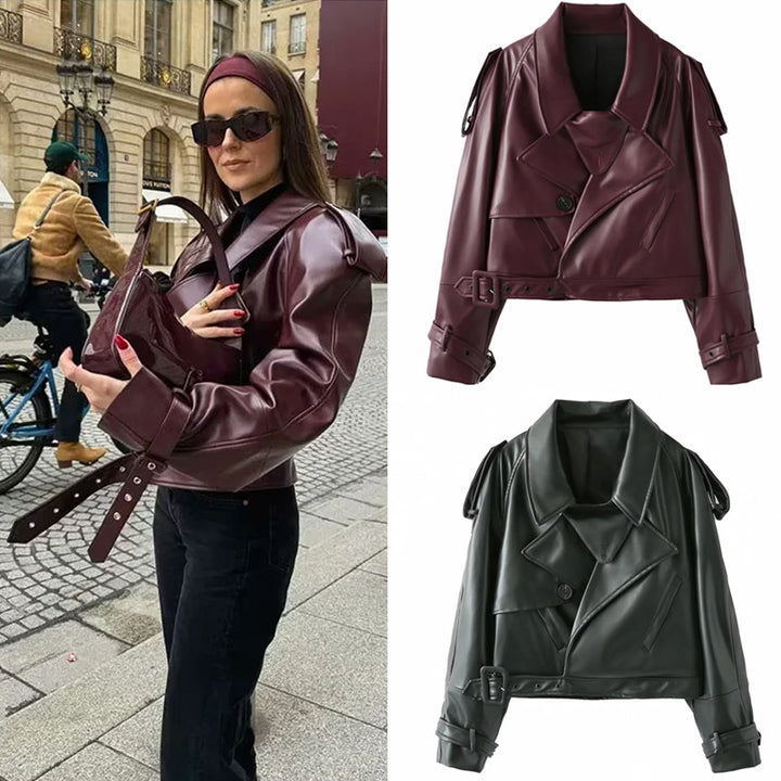 Damer cool cropped konstläderjacka med asymmetrisk krage och modernt design Mirla-Eva Jonsson