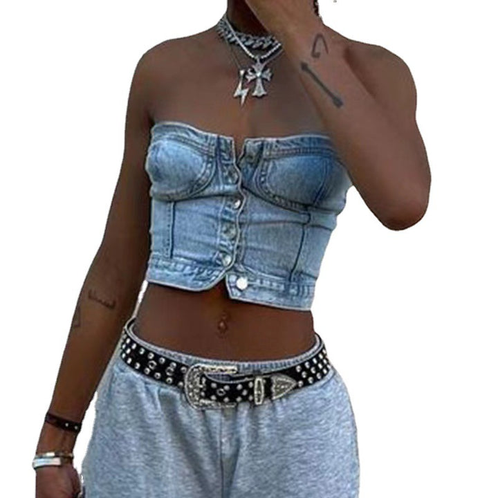 Damer cropped Jeansblus i bustier-stil med knapplista Mirla-Eva Jonsson