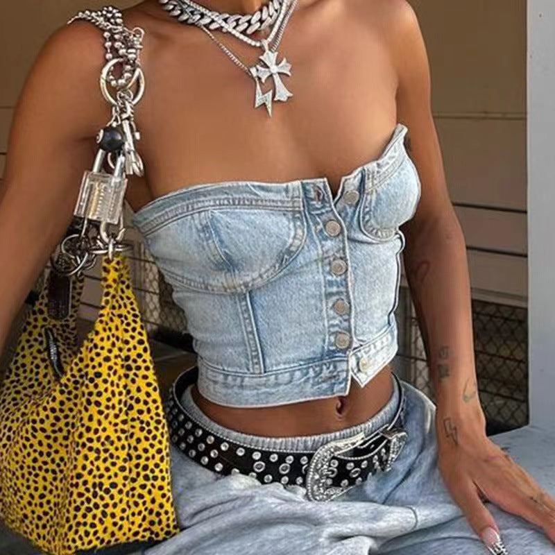 Damer cropped Jeansblus i bustier-stil med knapplista Mirla-Eva Jonsson