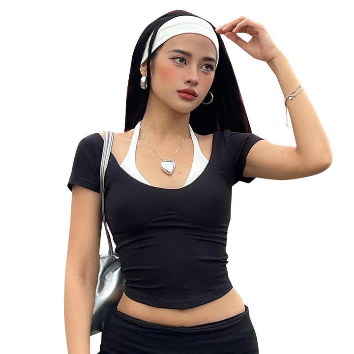 Damer cropped T-shirt med axelaccenter och figurformad skärning Mirla-Eva Jonsson