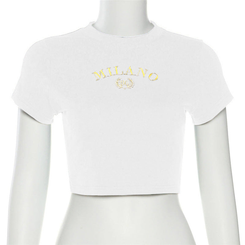 Damer cropped T-shirt med broderad text och rund halsringning Mirla-Eva Jonsson