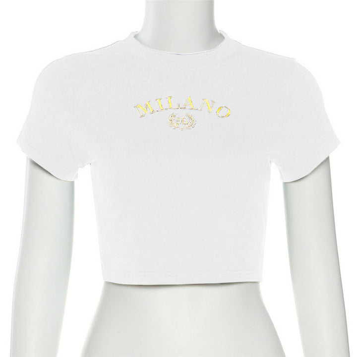 Damer cropped T-shirt med broderad text och rund halsringning Mirla-Eva Jonsson