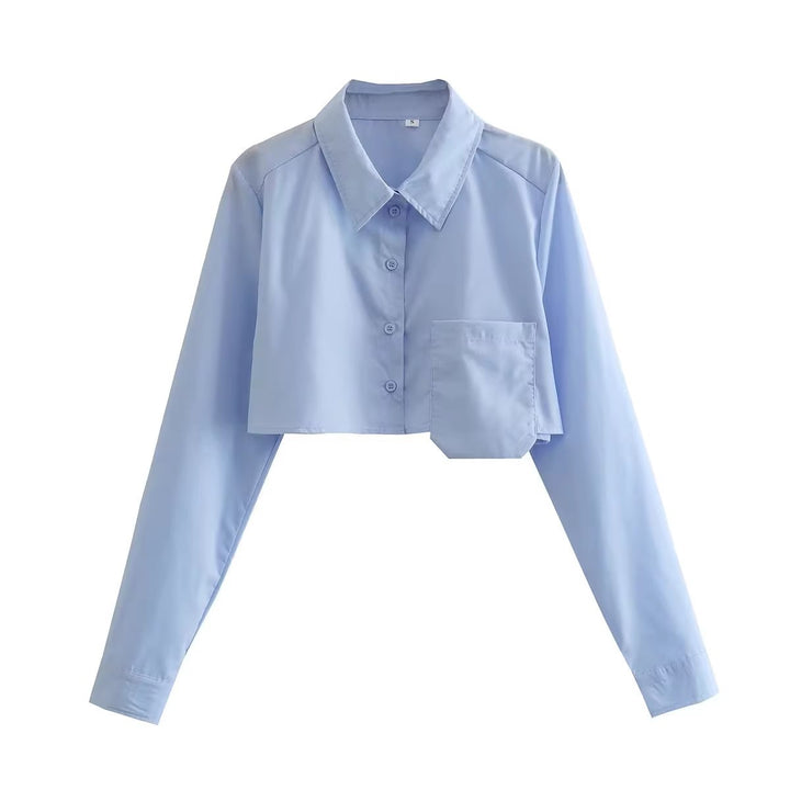Damer cropped blus med modern krage och bröstficka Mirla-Eva Jonsson