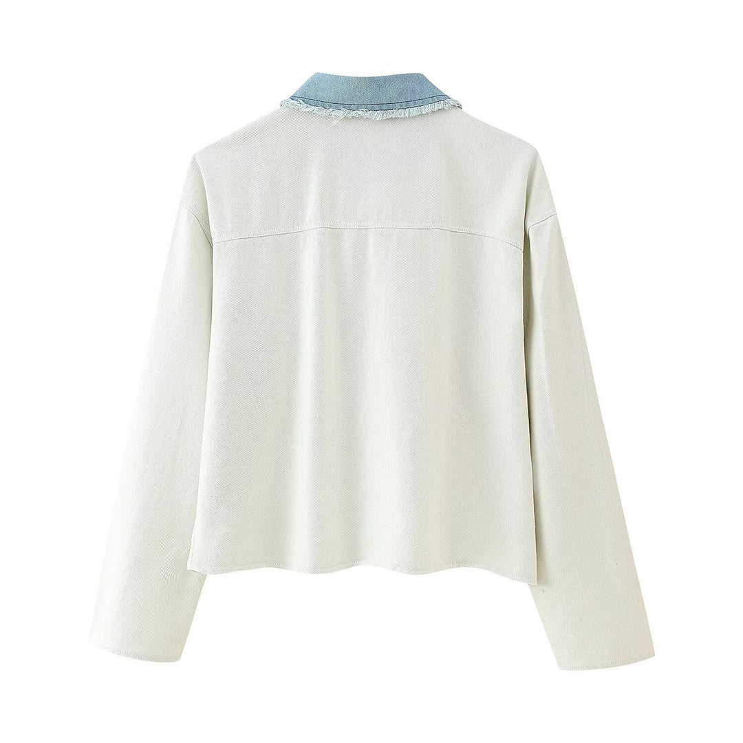 Damer cropped denimjacka med kontrasterande fickor och fransig fåll Mirla-Eva Jonsson