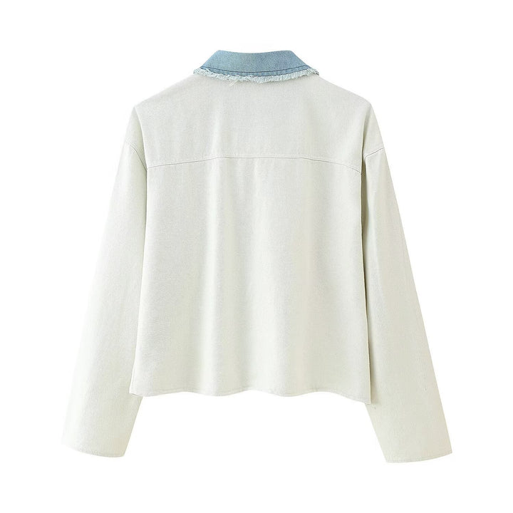 Damer cropped denimjacka med kontrasterande fickor och fransig fåll Mirla-Eva Jonsson