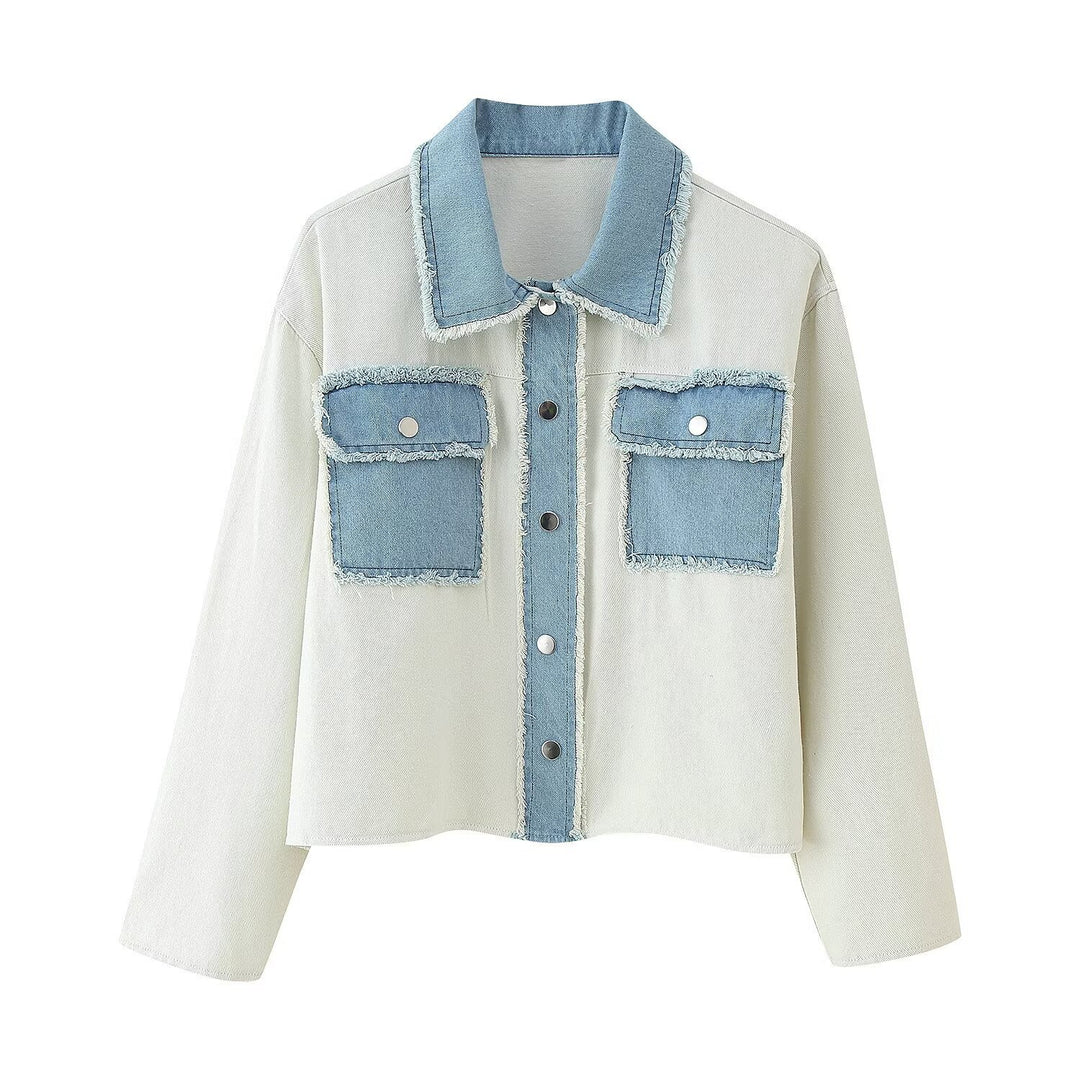 Damer cropped denimjacka med kontrasterande fickor och fransig fåll Mirla-Eva Jonsson