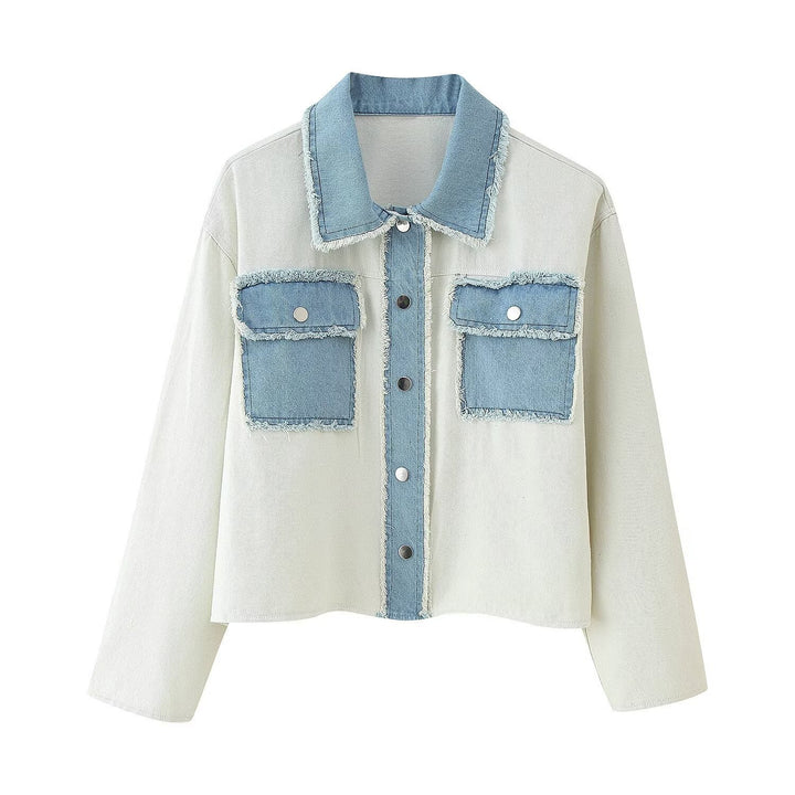 Damer cropped denimjacka med kontrasterande fickor och fransig fåll Mirla-Eva Jonsson