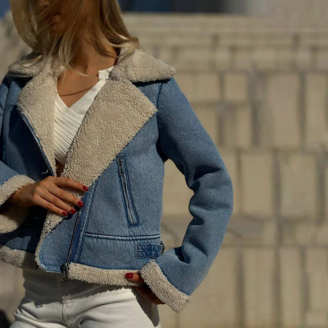 Damer cropped jeansjacka med mjukt Sherpa-foder Mirla-Eva Jonsson