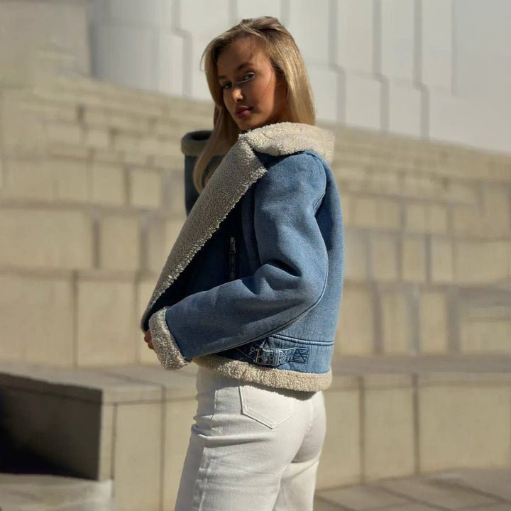 Damer cropped jeansjacka med mjukt Sherpa-foder Mirla-Eva Jonsson