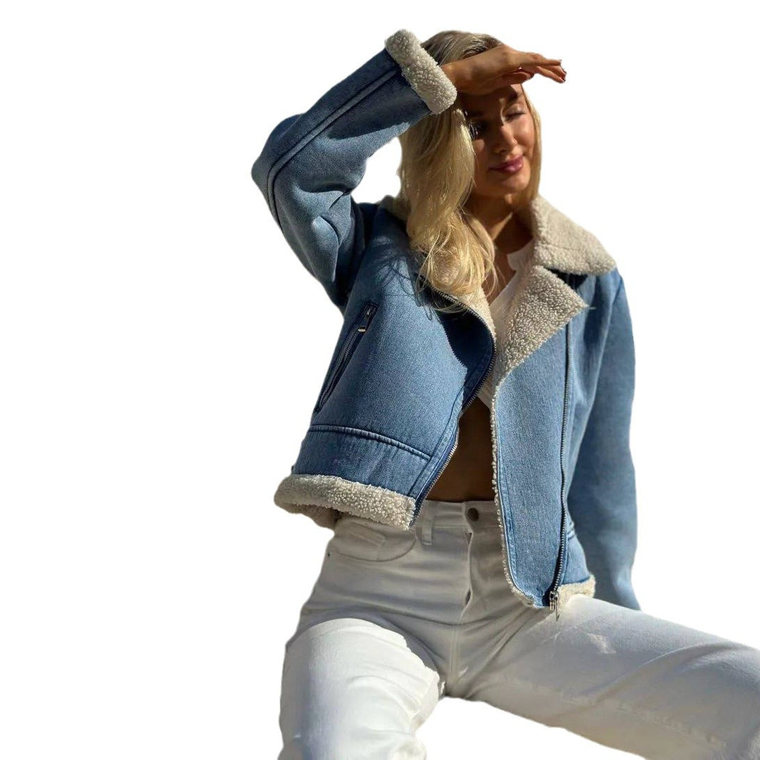Damer cropped jeansjacka med mjukt Sherpa-foder Mirla-Eva Jonsson