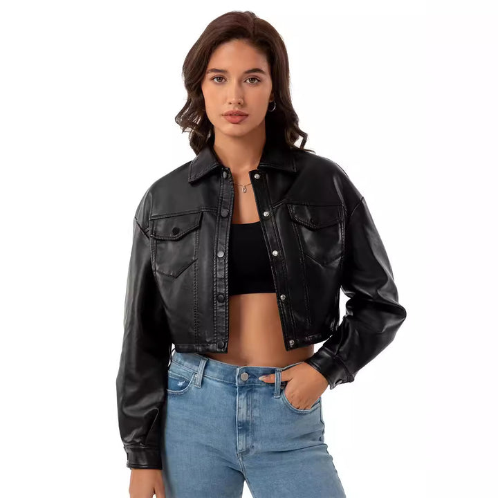 Damer cropped konstläderjacka i modern design Eva Jonsson-Eva Jonsson