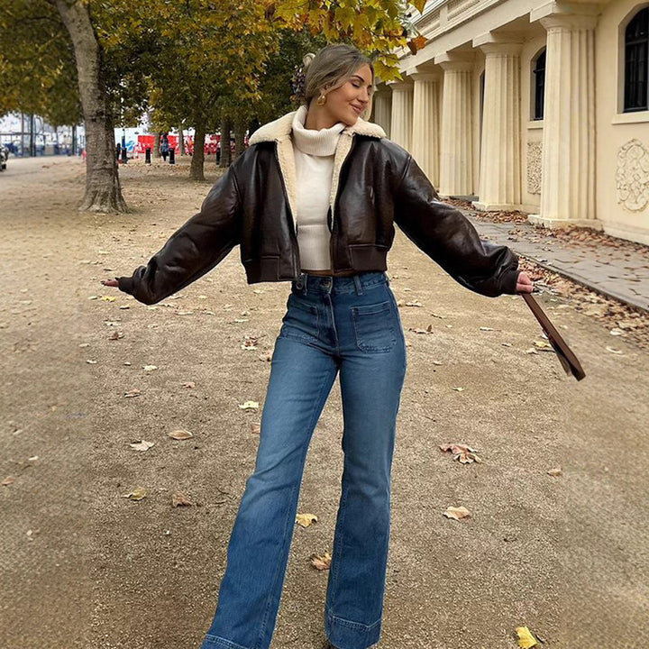 Damer cropped konstläderjacka med foder av plysch Mirla-Eva Jonsson