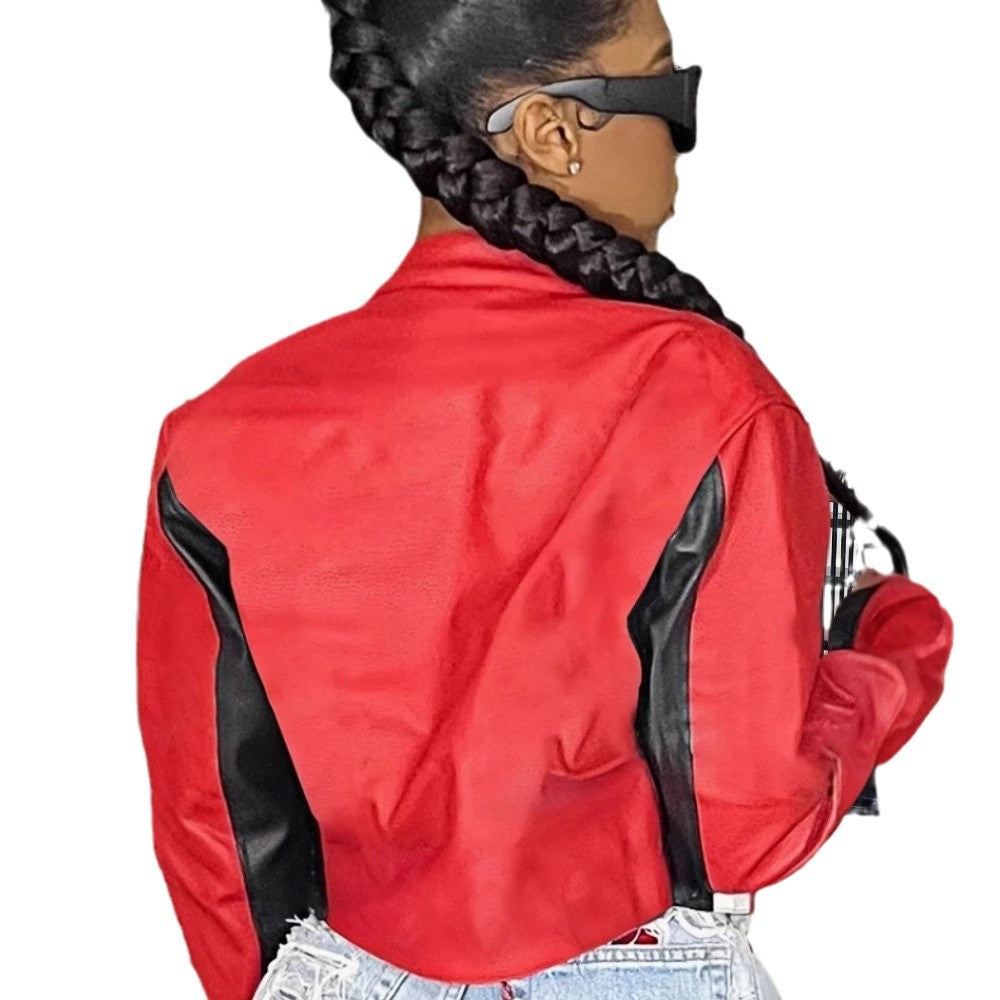 Damer cropped konstläderjacka med kontrasterande färgdetaljer Mirla-Eva Jonsson