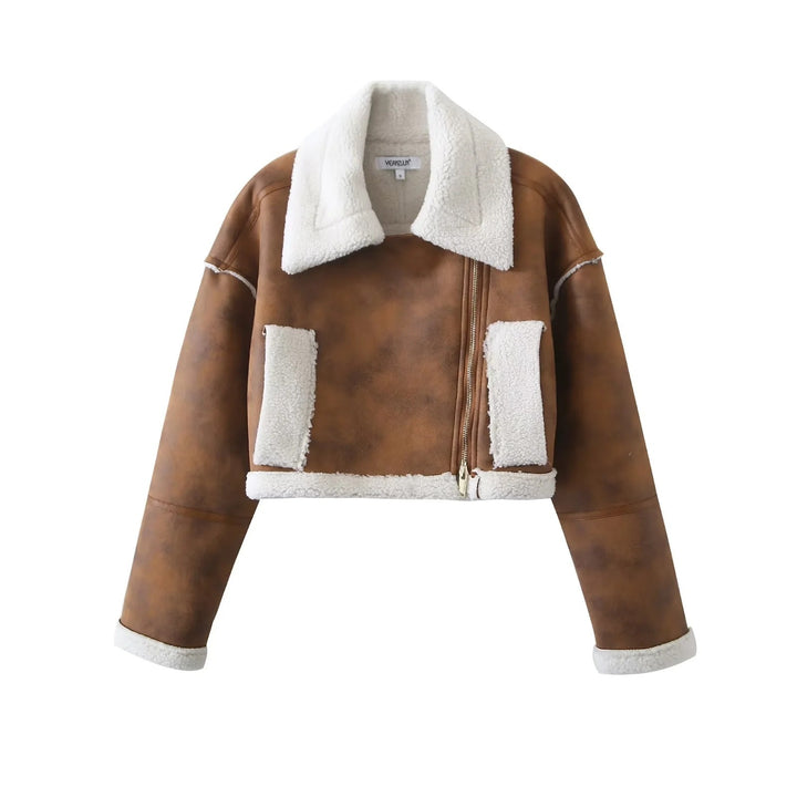Damer cropped konstläderjacka med mysig teddyfoder och praktiska fickor Mirla-Eva Jonsson