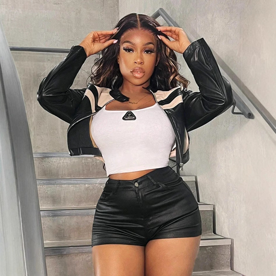 Damer cropped konstläderjacka med sportiga prydnadsdetaljer Mirla-Eva Jonsson
