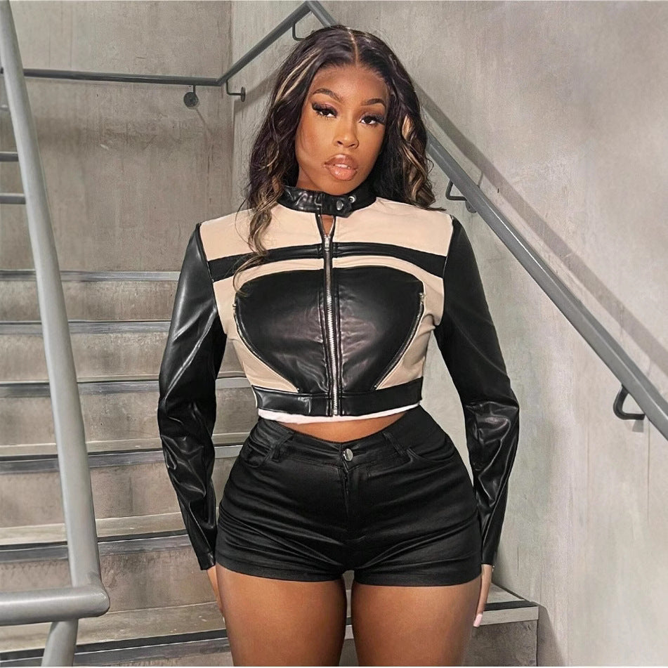 Damer cropped konstläderjacka med sportiga prydnadsdetaljer Mirla-Eva Jonsson